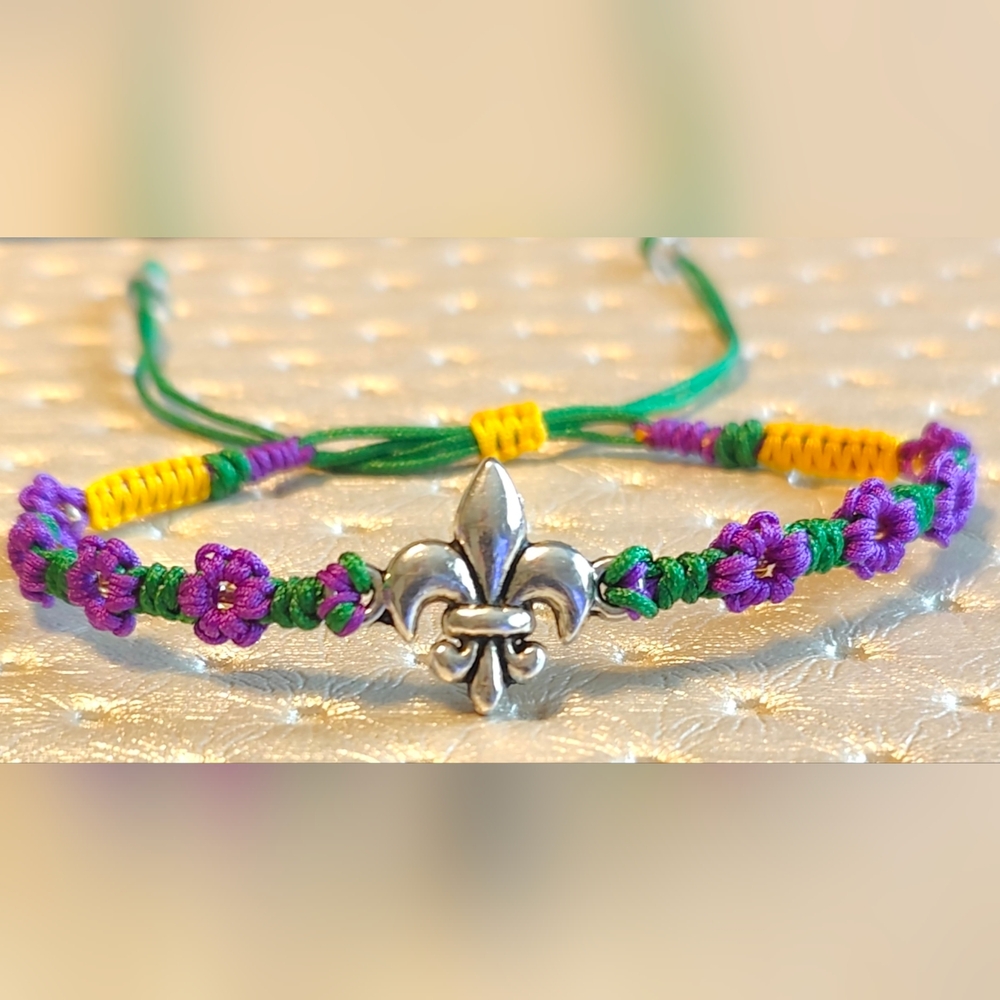 Silver Fleur-de-Lis Adjustable Bracelet Purple Green & Gold Mardi Gras inspired